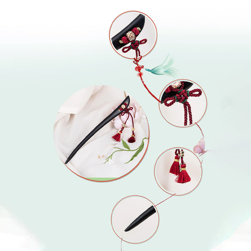 Ebony Hairpin with Red String Tassel for Protection & Luck