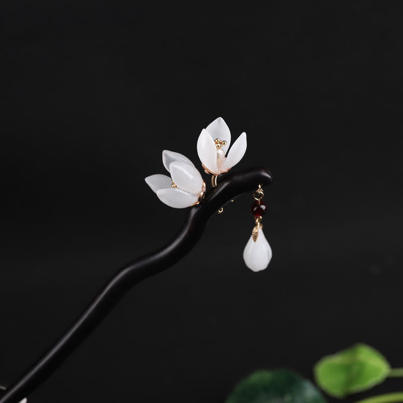 Ebony Magnolia Flower Petals Chinese Hairpin Blessing
