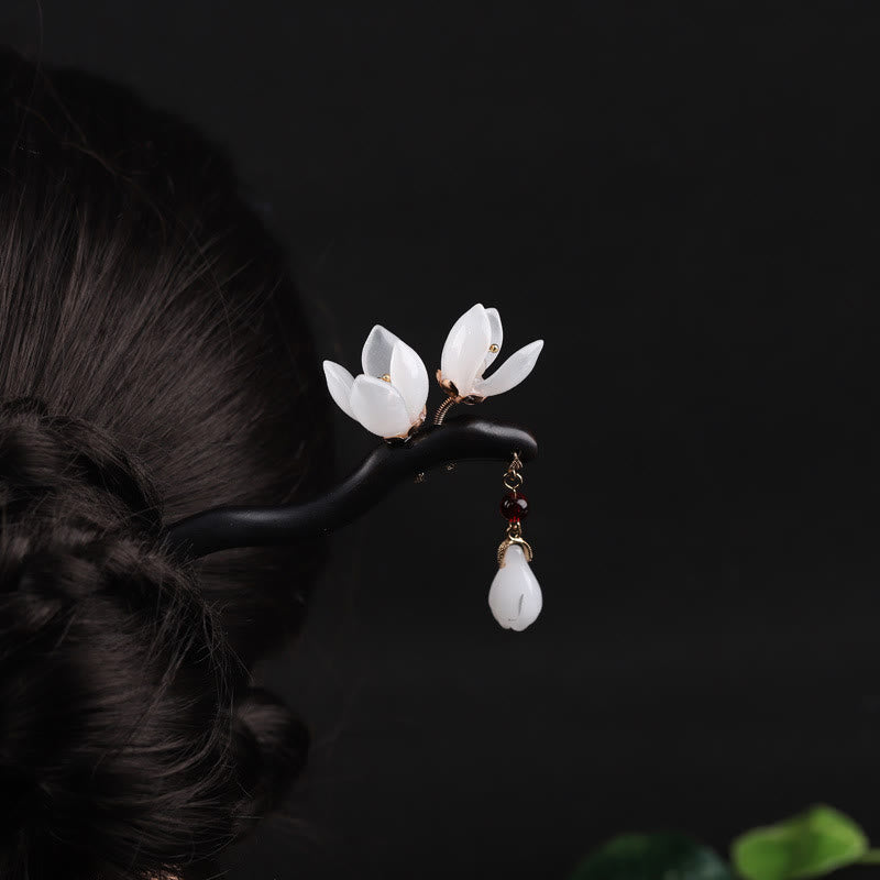 Ebony Magnolia Flower Petals Chinese Hairpin Blessing