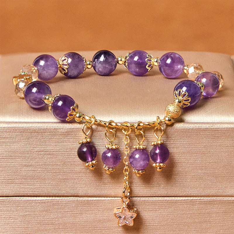 8mm Amethyst Four Leaf Clover Peace Bracelet