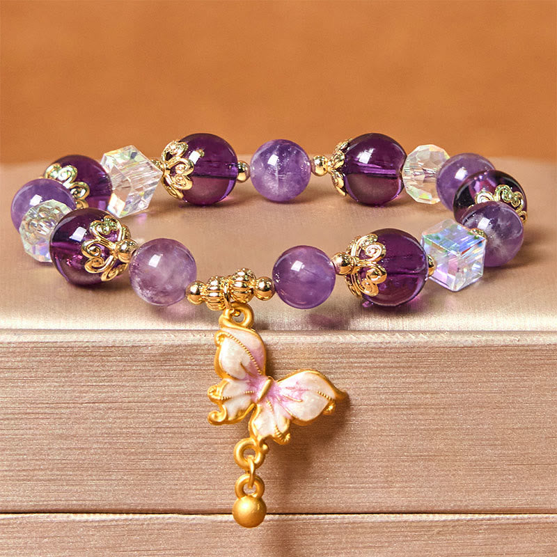8mm Amethyst and Sunstone Peace Butterfly Bracelet