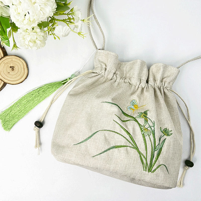 Beige Orchid Grass Cotton Linen Yoga Bag 19x20x10 cm