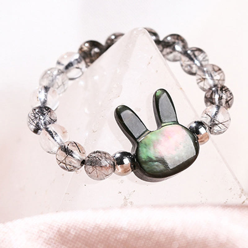 Adjustable 3mm Black Rutilated Quartz Rabbit Ring