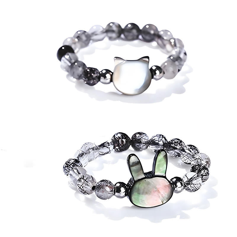 Adjustable 3mm Black Rutilated Quartz Rabbit Ring