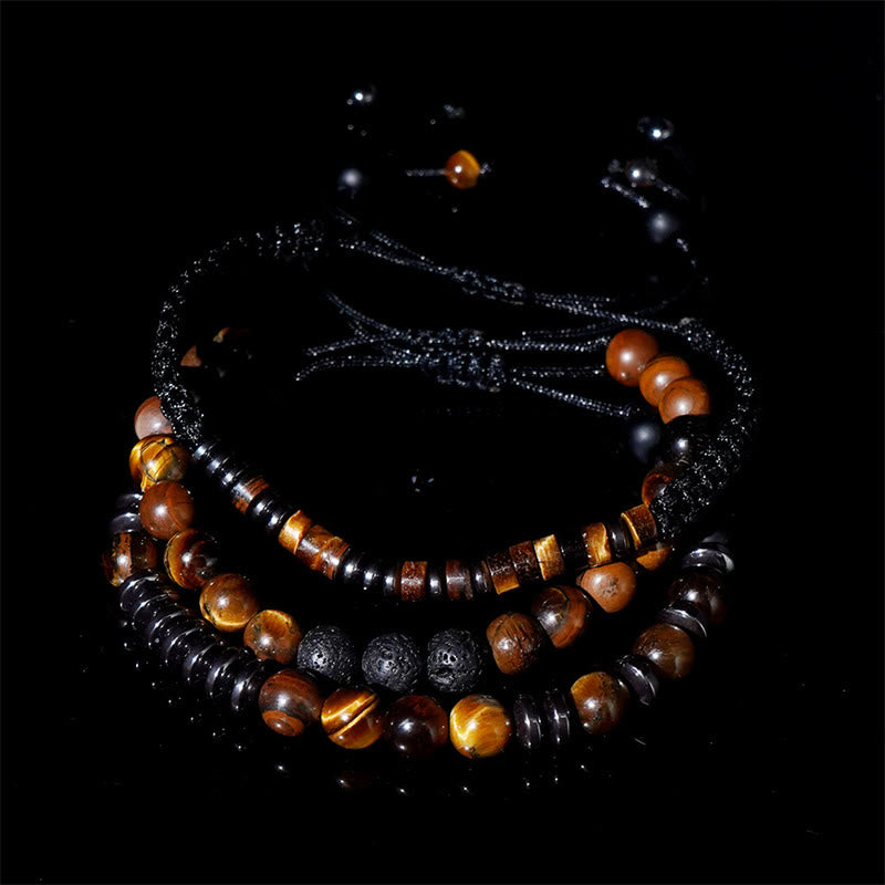3Pcs Tiger Eye and Lava Rock Bracelet Set for Protection