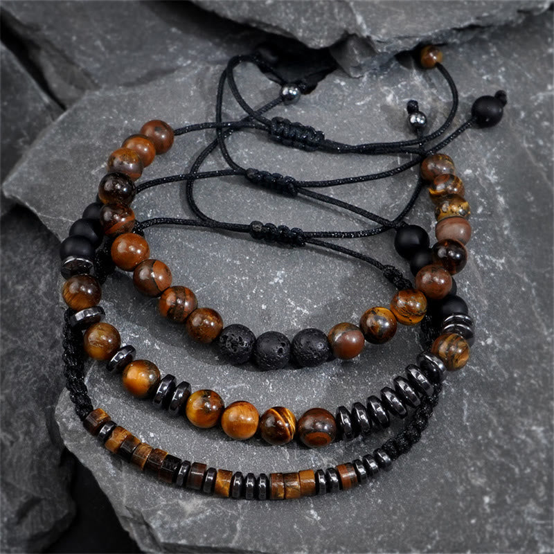 3Pcs Tiger Eye and Lava Rock Bracelet Set for Protection