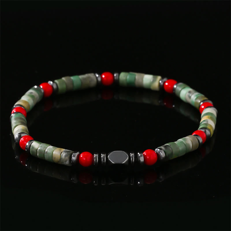 4.2mm Green Stone Hematite Red Coral Bracelet