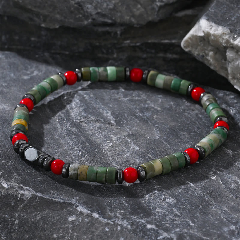 4.2mm Green Stone Hematite Red Coral Bracelet