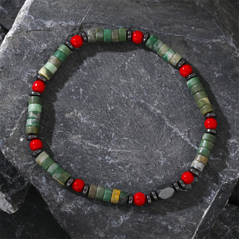 4.2mm Green Stone Hematite Red Coral Bracelet