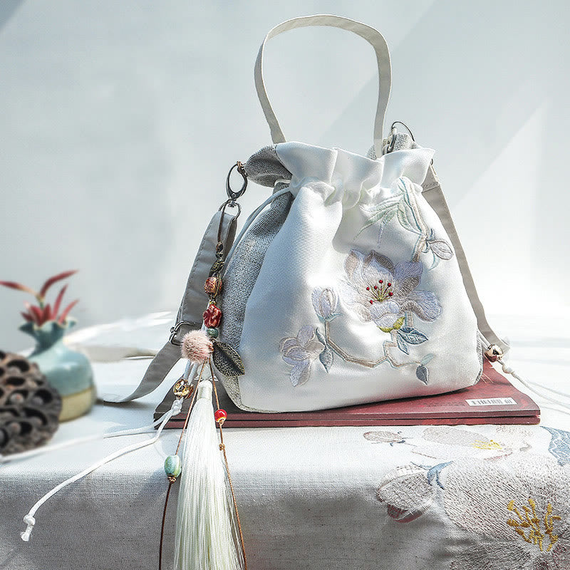 Cotton Linen Yoga Tote Bag with Magnolia Plum Blossom Design