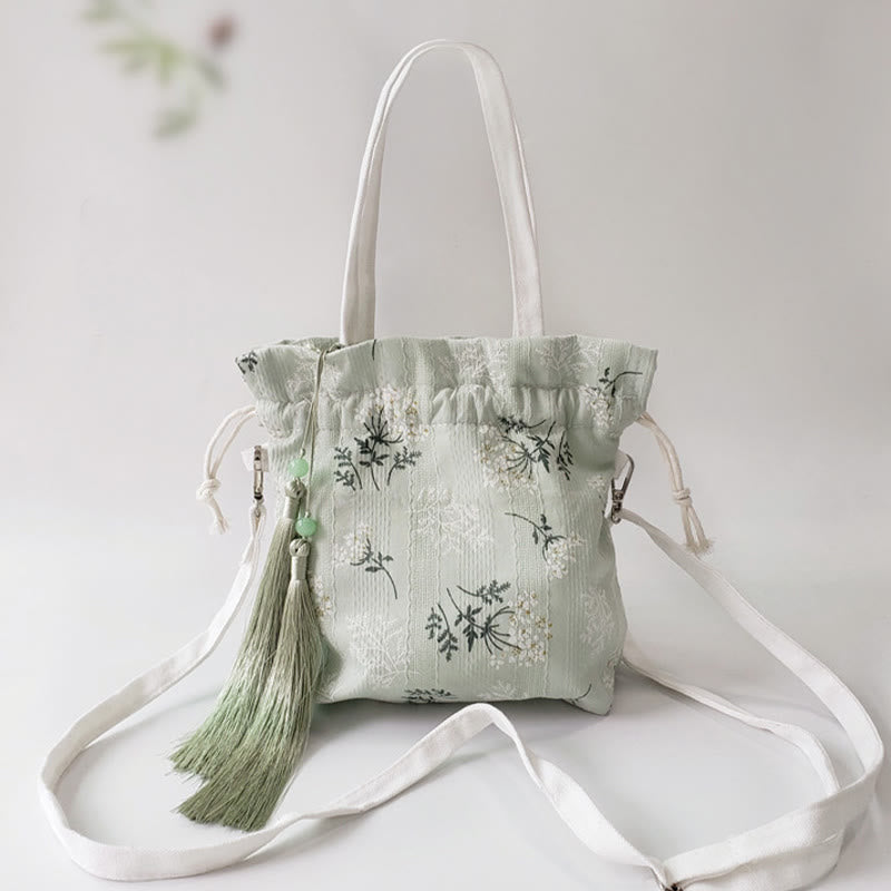 Canvas Yoga Tote Bag with White Flowers & Green Leaves | 23x29cm