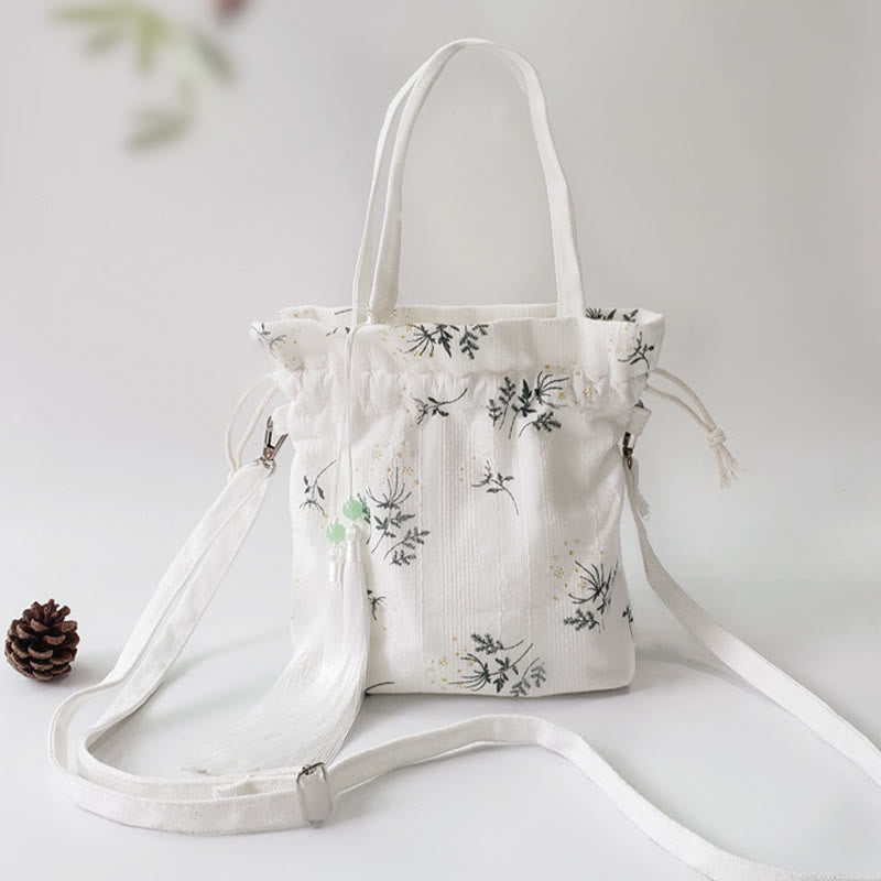 Canvas Tote Bag with White Flowers & Green Leaves 23x29cm