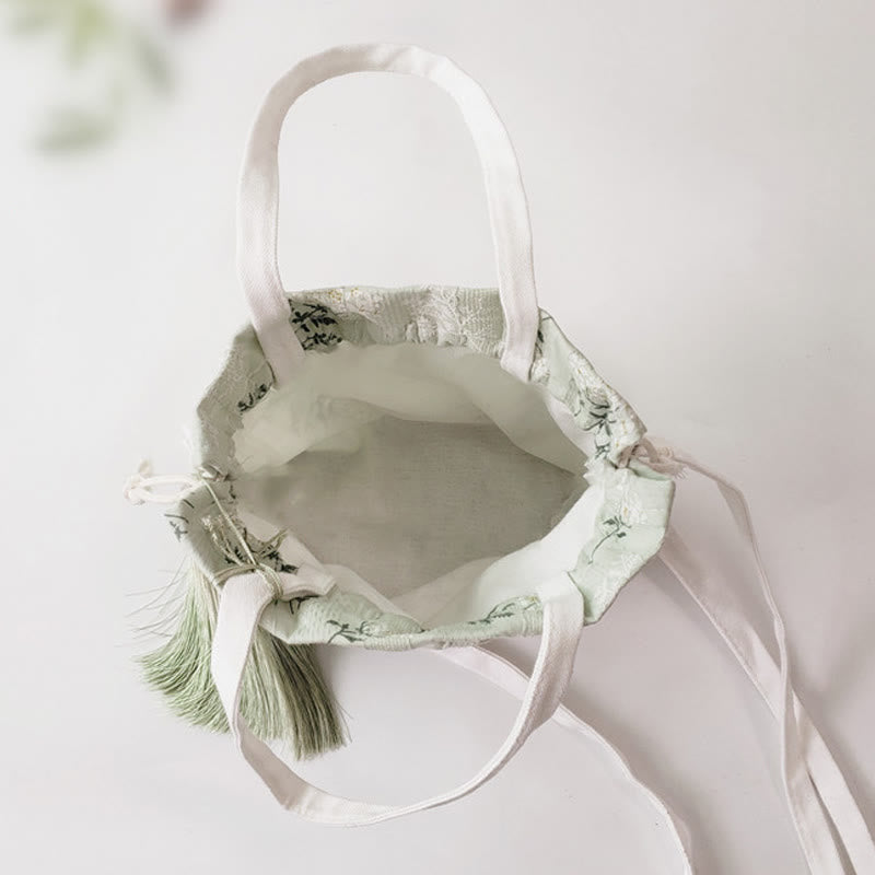 Canvas Tote Bag with White Flowers & Green Leaves 23x29cm