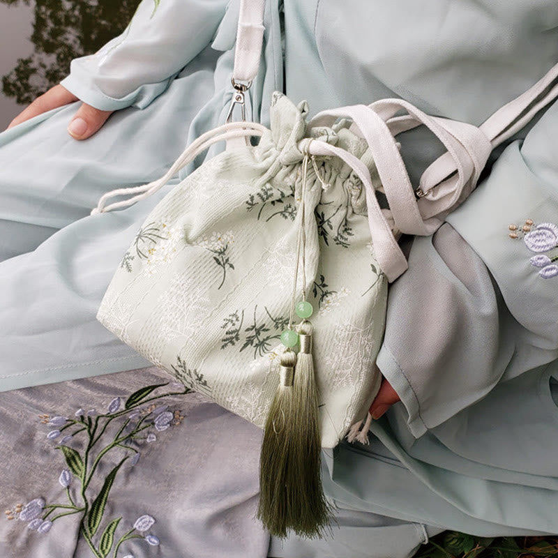 Canvas Tote Bag with White Flowers & Green Leaves 23x29cm