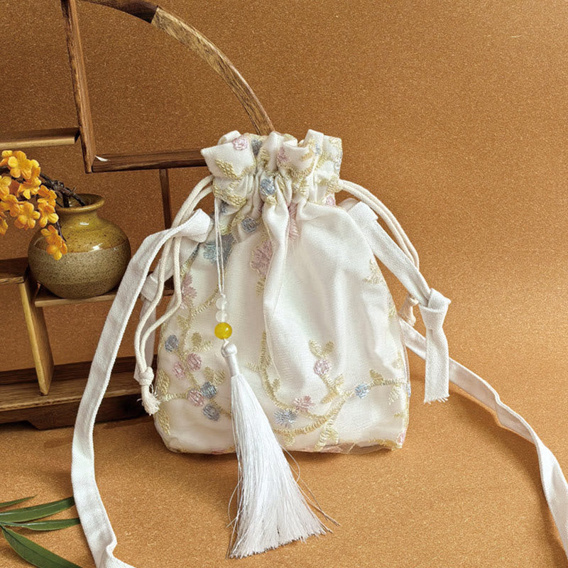 Embroidered Cherry Blossoms Vine Canvas Crossbody Bag 15x22cm