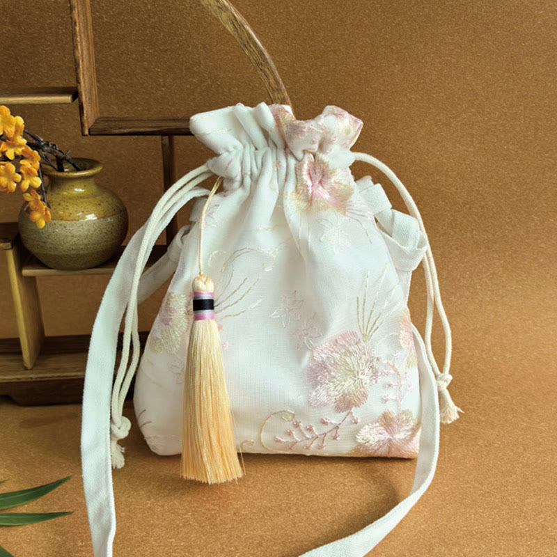 Embroidered Cherry Blossoms Vine Canvas Crossbody Bag 15x22cm