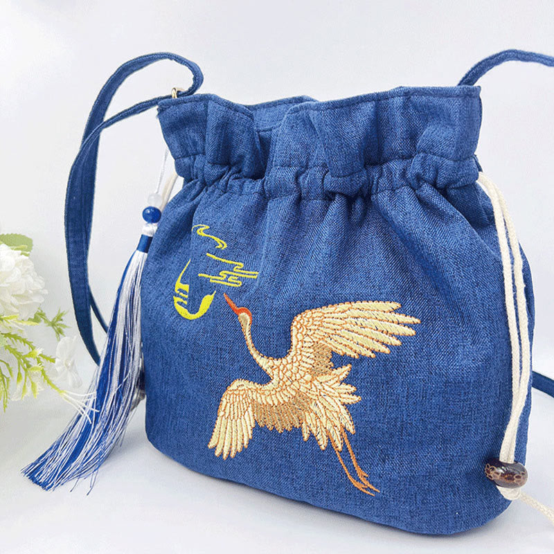 Cotton Linen Navy Blue Crane Shoulder Bag