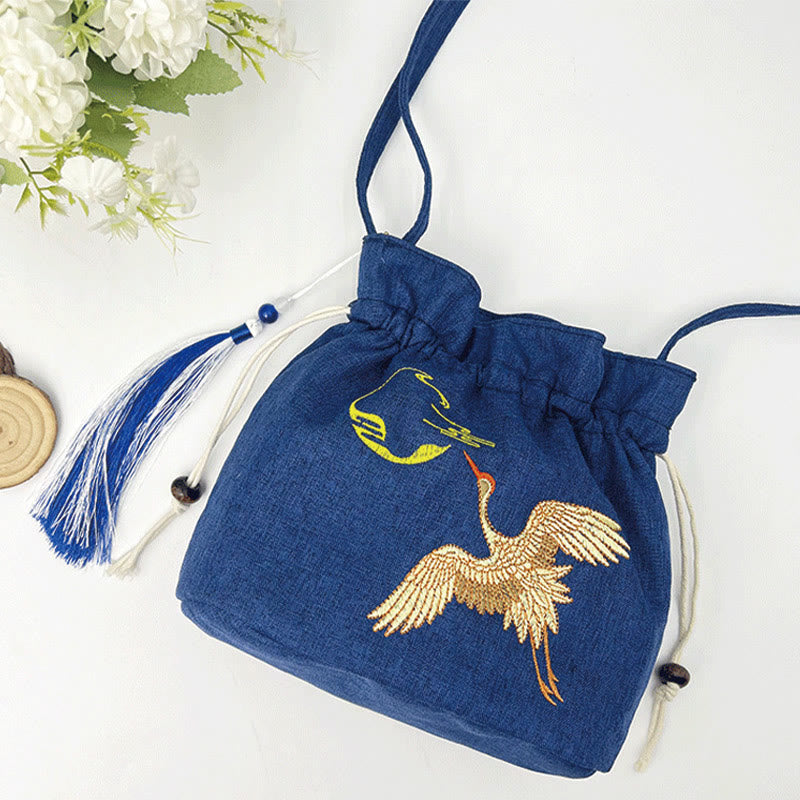 Cotton Linen Navy Blue Crane Shoulder Bag