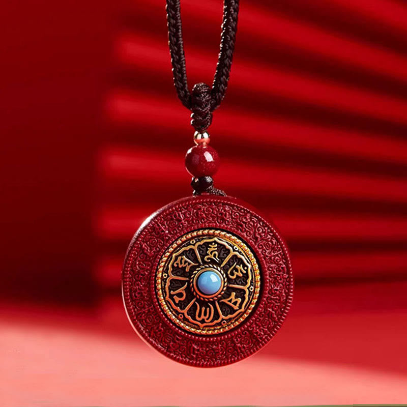 Cinnabar Om Mani Padme Hum Necklace with Yin Yang Pendant 30mm