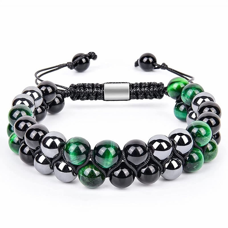 8mm Green Tiger Eye & Black Obsidian Double Row Bracelet