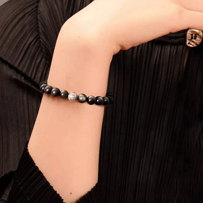 8mm Silver Sheen Obsidian Om Mani Padme Hum Bracelet