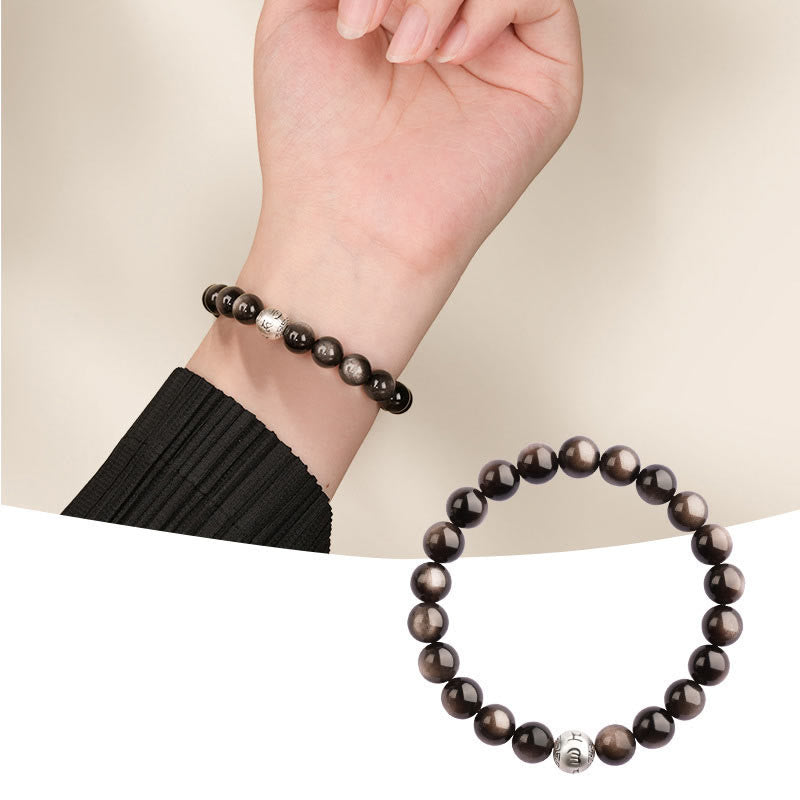 8mm Silver Sheen Obsidian Om Mani Padme Hum Bracelet