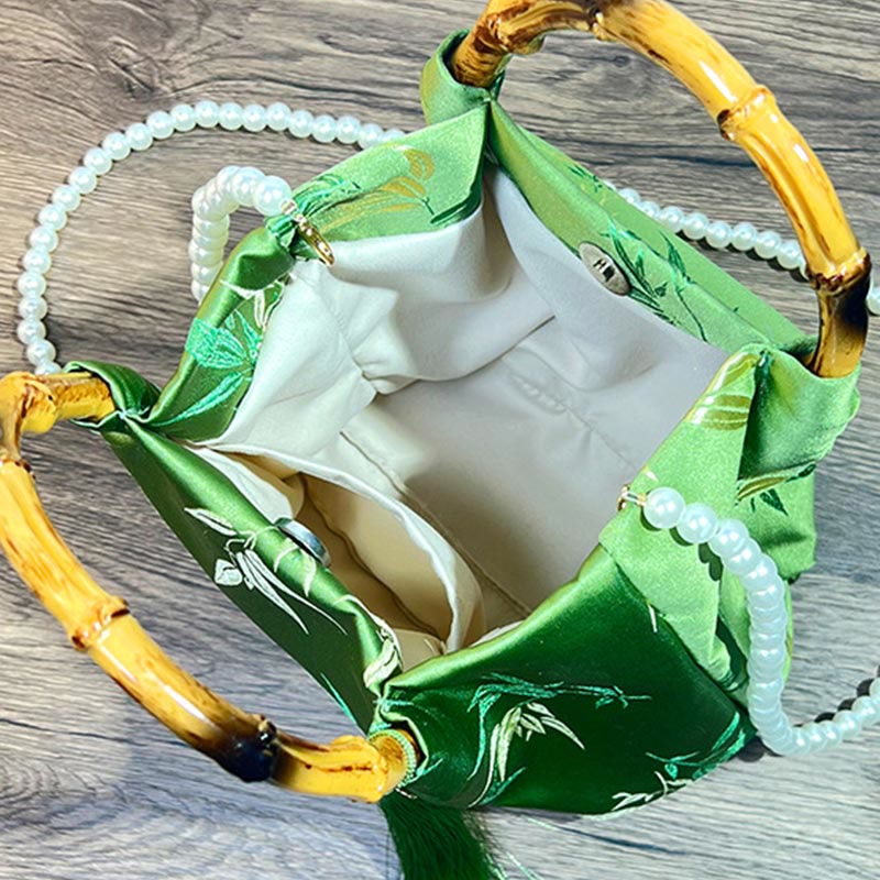 Green Bamboo Handle Pearl Crossbody Bag with Leaf Embroidery