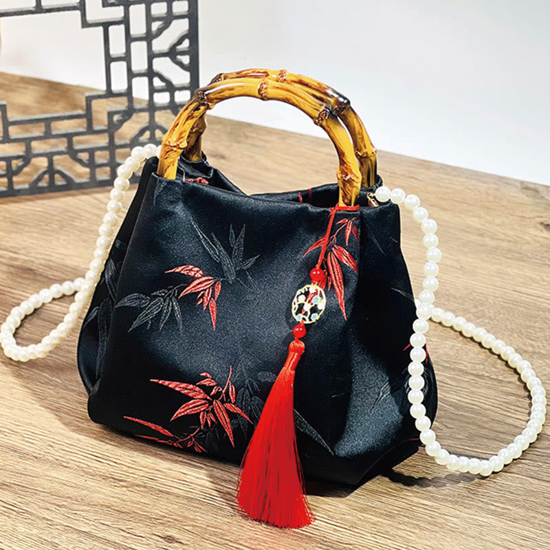 Black Polyester Cotton Embroidered Leaves Bag with Bamboo Handle
