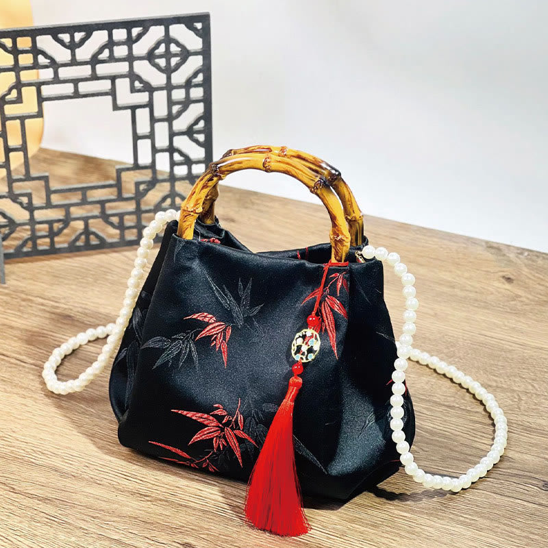 Black Polyester Cotton Embroidered Leaves Bag with Bamboo Handle