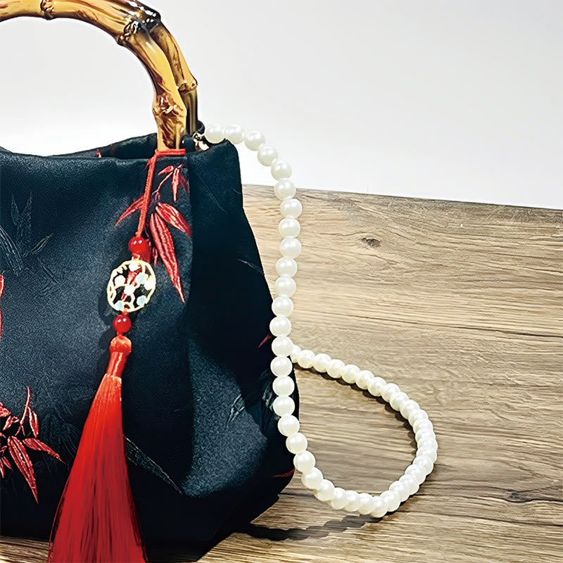 Black Polyester Cotton Embroidered Leaves Bag with Bamboo Handle