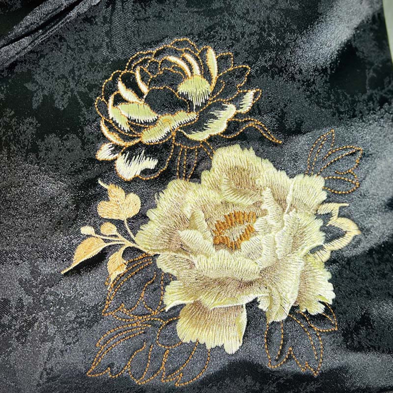 Spacious Black Peony Embroidered Backpack for Meditation Accessories