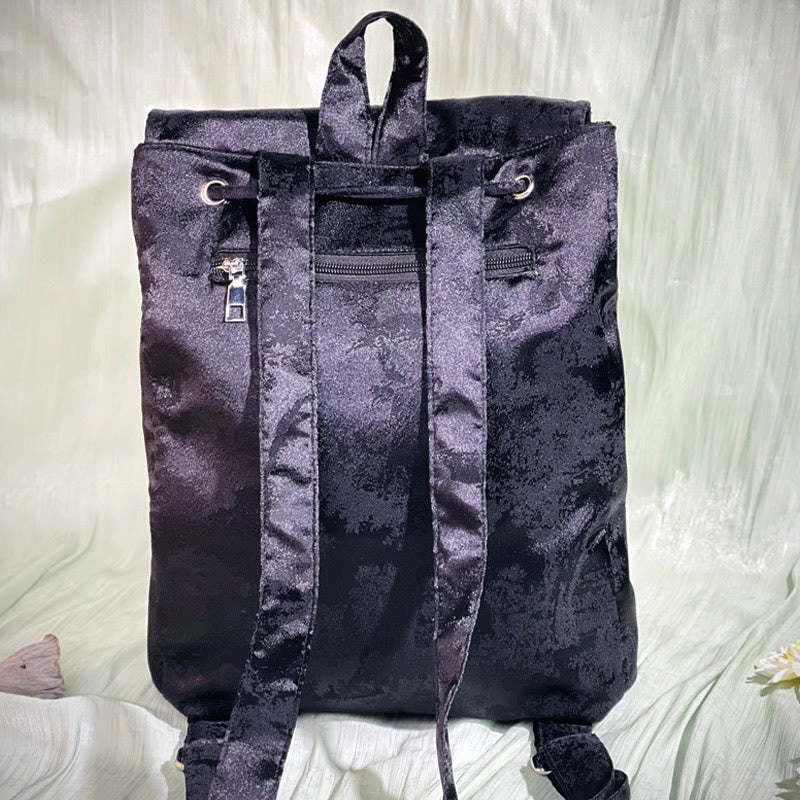 Spacious Black Peony Embroidered Backpack for Meditation Accessories