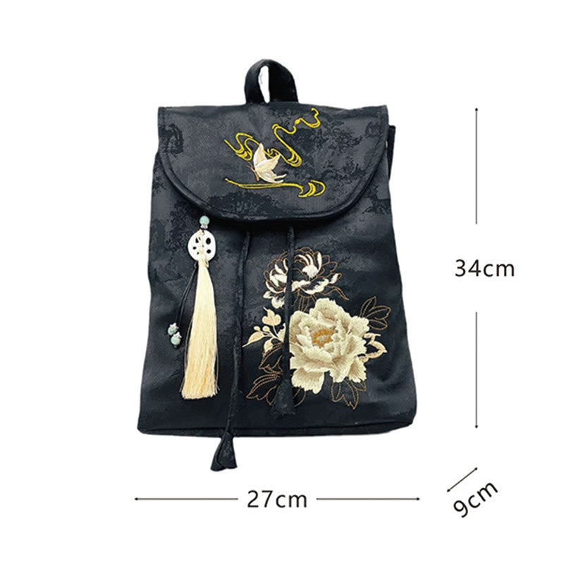 Spacious Black Peony Embroidered Backpack for Meditation Accessories