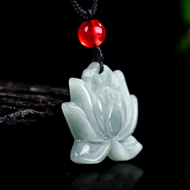 Lotus Carved Jade Prosperity Necklace Pendant 22mm