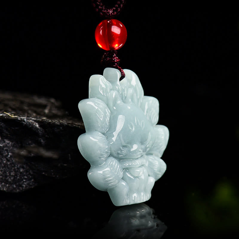 Green Jade Nine Tailed Fox Necklace - Prosperity Symbol