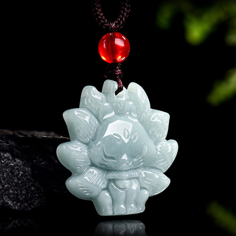Green Jade Nine Tailed Fox Necklace - Prosperity Symbol