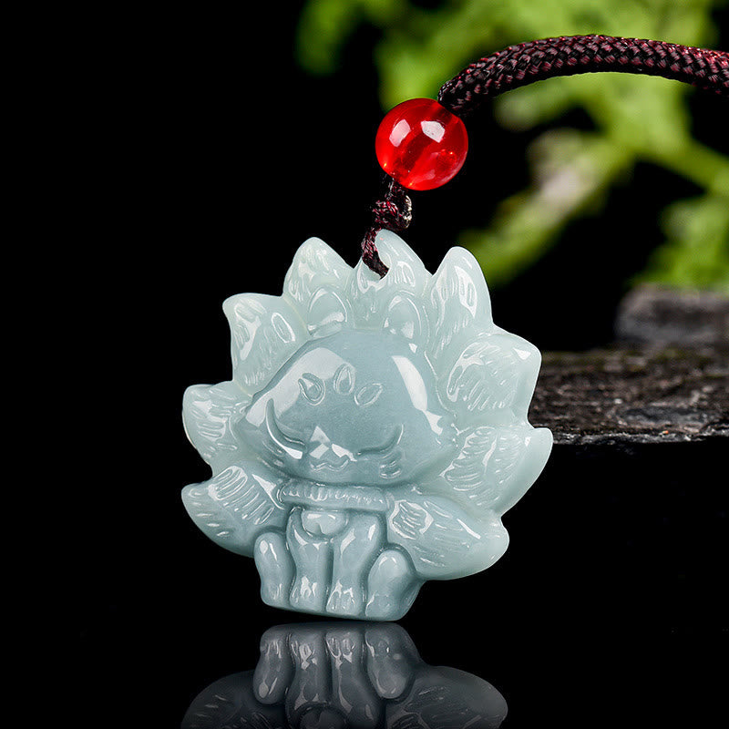 Green Jade Nine Tailed Fox Necklace - Prosperity Symbol