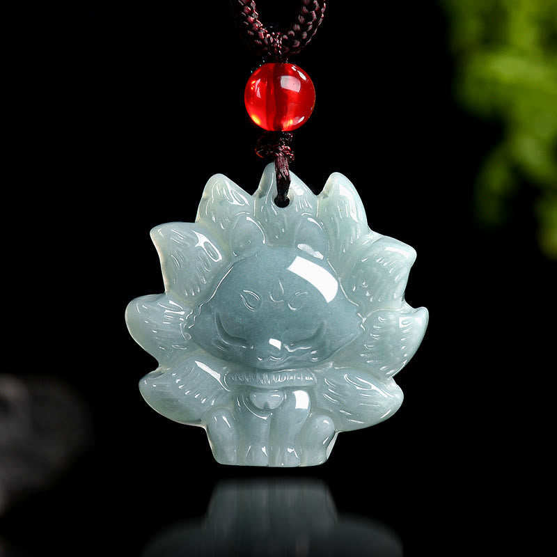 Green Jade Nine Tailed Fox Necklace - Prosperity Symbol