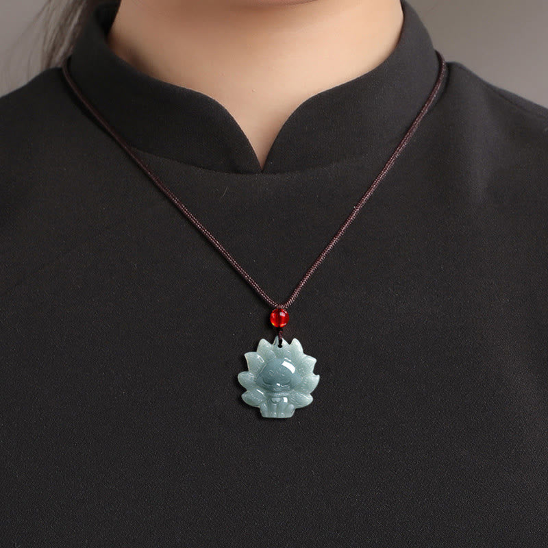 Green Jade Nine Tailed Fox Necklace - Prosperity Symbol