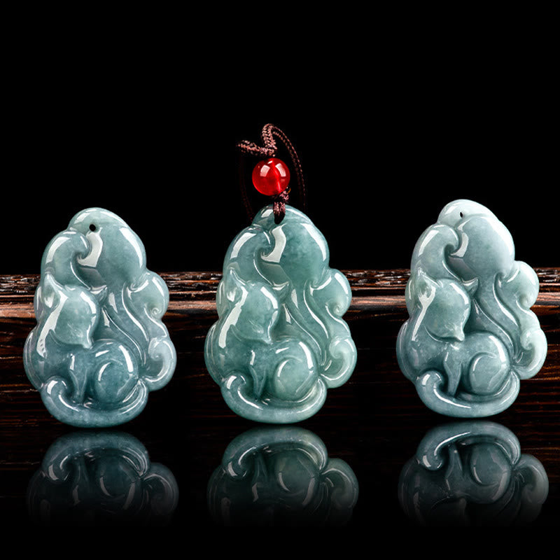 Green Jade Necklace with Nine Tailed Fox Pendant