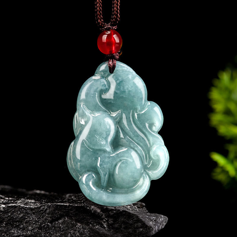 Green Jade Prosperity Necklace with Nine Tailed Fox Pendant