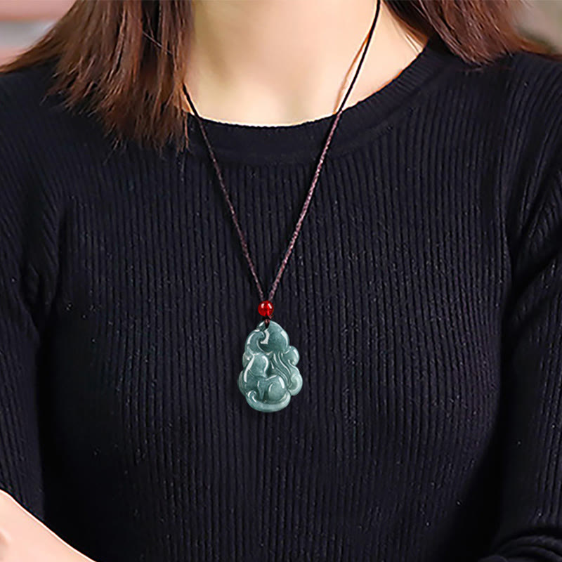 Green Jade Necklace with Nine Tailed Fox Pendant