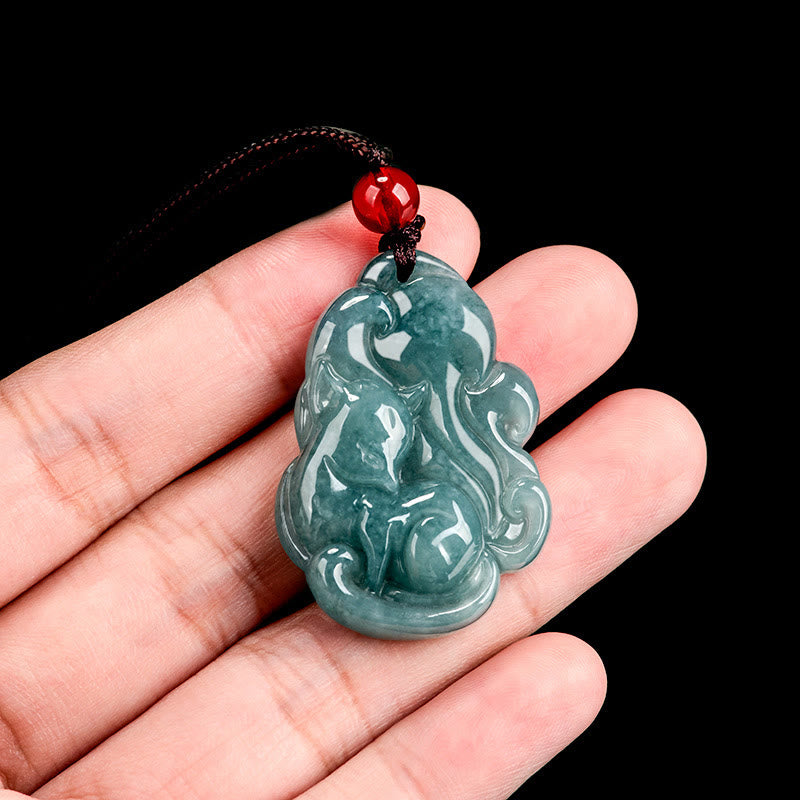 Green Jade Necklace with Nine Tailed Fox Pendant