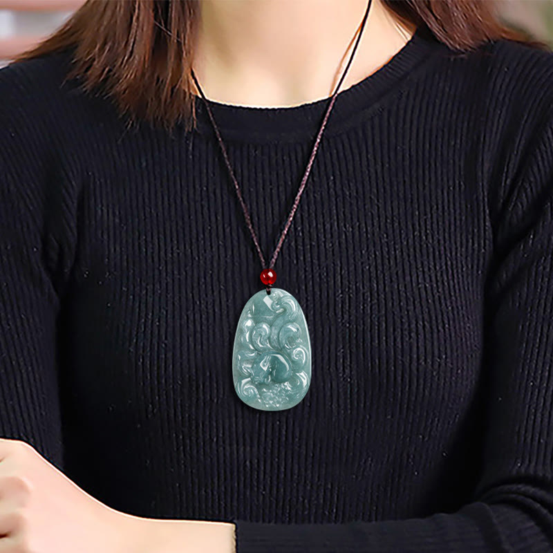 Green Jade Nine Tailed Fox Luck Necklace Pendant