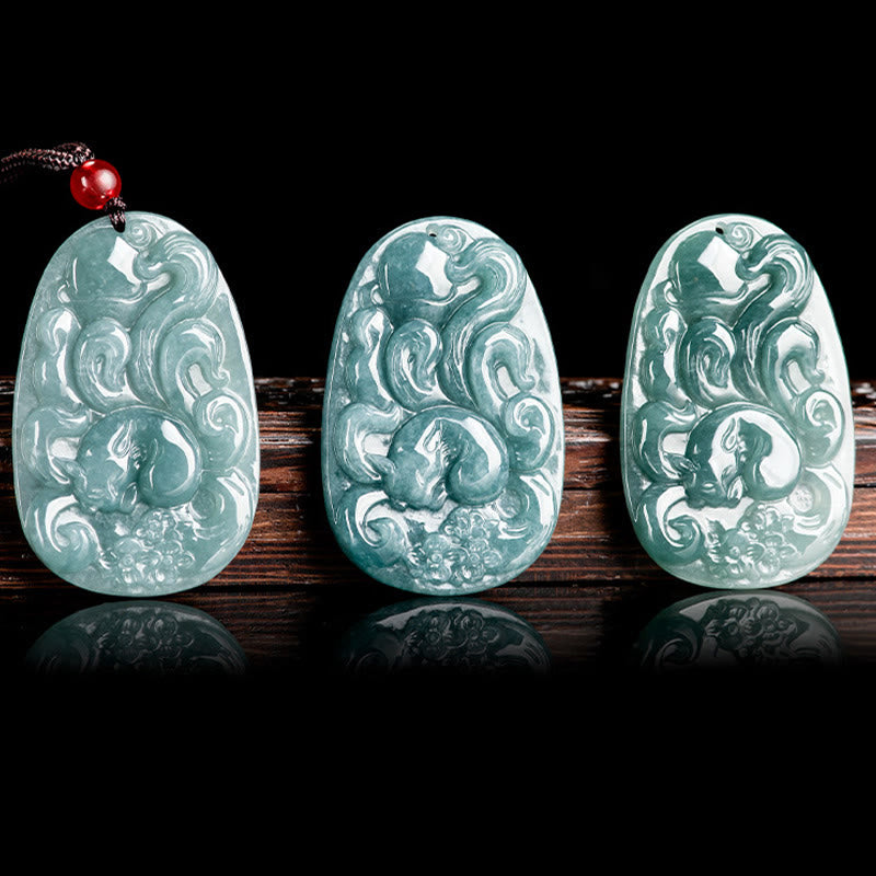Green Jade Nine Tailed Fox Luck Necklace Pendant