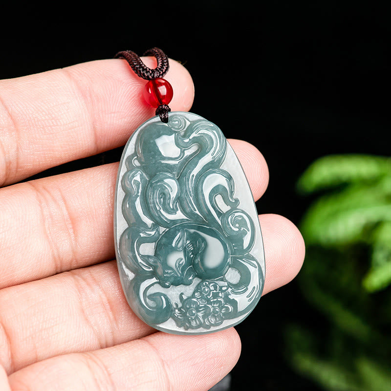 Green Jade Nine Tailed Fox Luck Necklace Pendant
