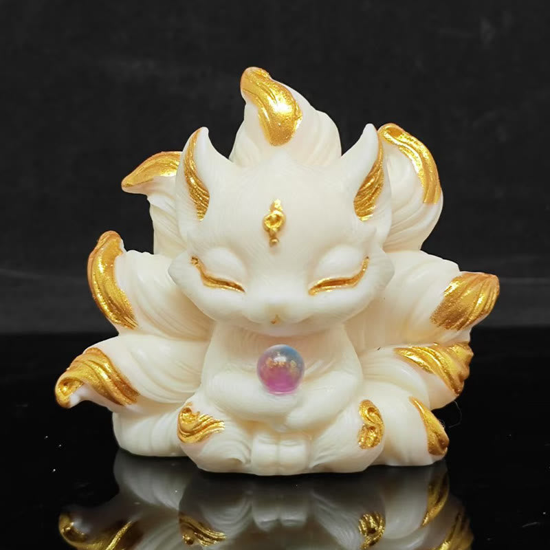 Ivory Fruit Nine-Tailed Fox Carving 7.5cm Figurine