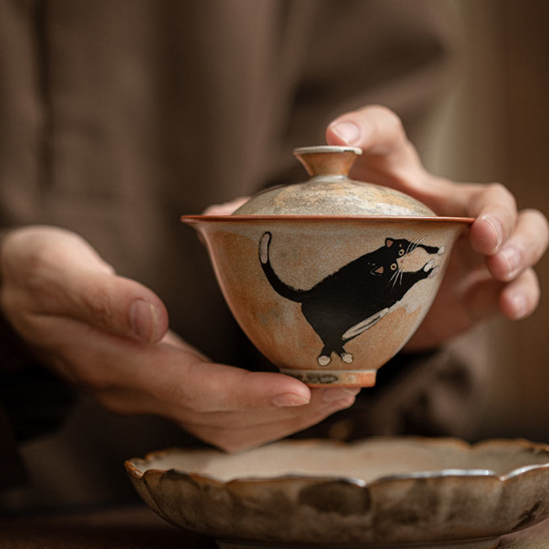 Ceramic Cat Gaiwan Tea Cup with Lid 130ml for Tea Rituals