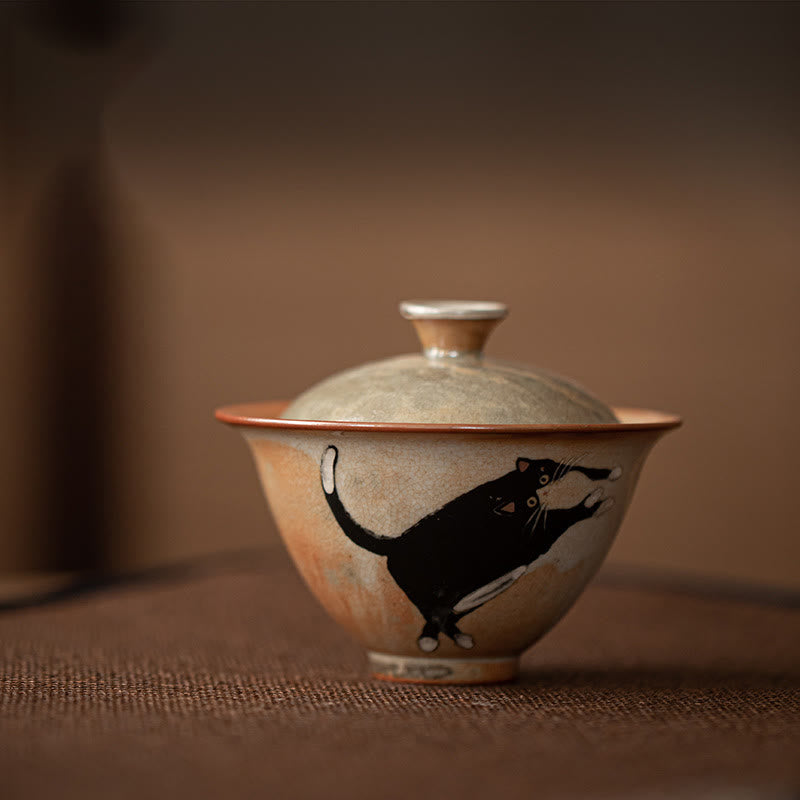 Ceramic Cat Gaiwan Tea Cup with Lid 130ml for Tea Rituals
