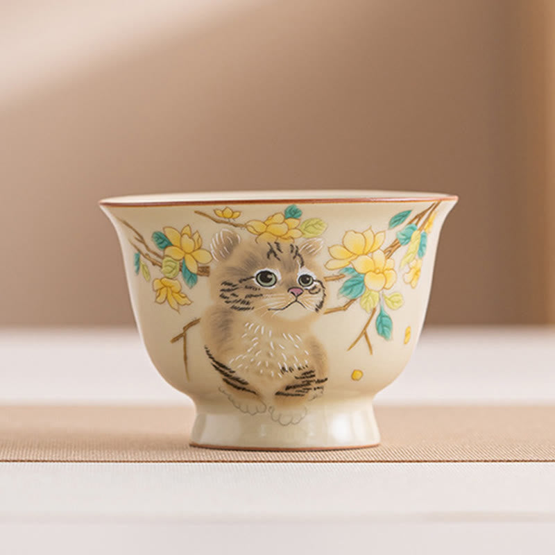 Ceramic Cat & Rabbit Kung Fu Tea Cups for Zen Decor
